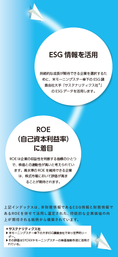 ①ESG情報を活用　②ROE（自己資本利益率）に着目